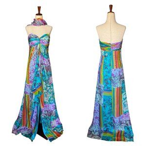 Vintage Y2K Jovani Strapless Multicolor Silk Chiffon Gown Maxi Evening Dress sz4